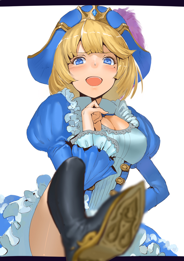 1girl, awilda_(p&amp;d), blonde_hair, blue_eyes, boots, cleavage_cutout, clothing_cutout, female_focus