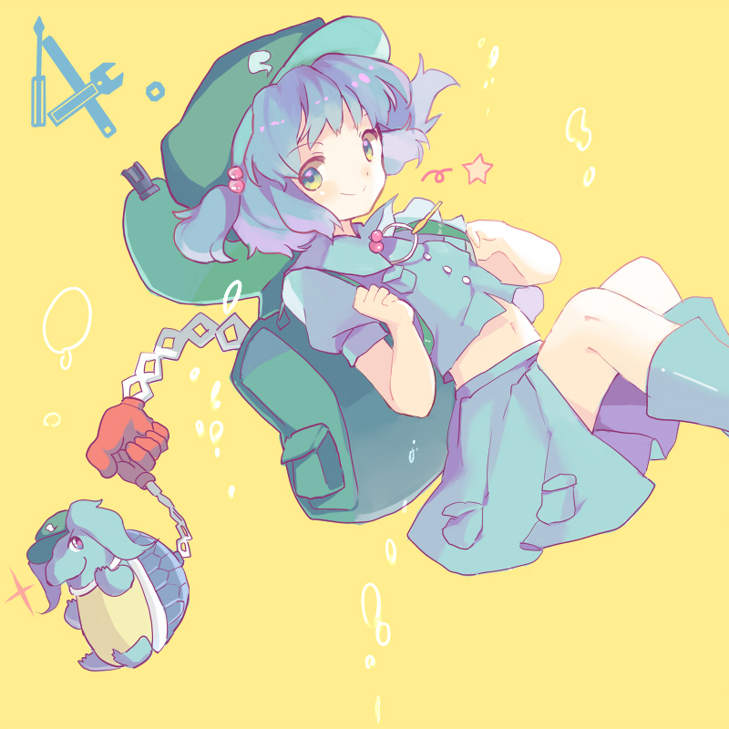 1girl, animalization, backpack, bag, blue_hair, boots, dual_persona, green_eyes, hair_bobbles, hair_ornament, hat, hopeless_masquerade, kawashiro_nitori, kawashiro_nitori_(turtle), reeh_(yukuri130), rubber_boots, skirt, skirt_set, smile, star_(symbol), touhou, turtle, twintails, two_side_up