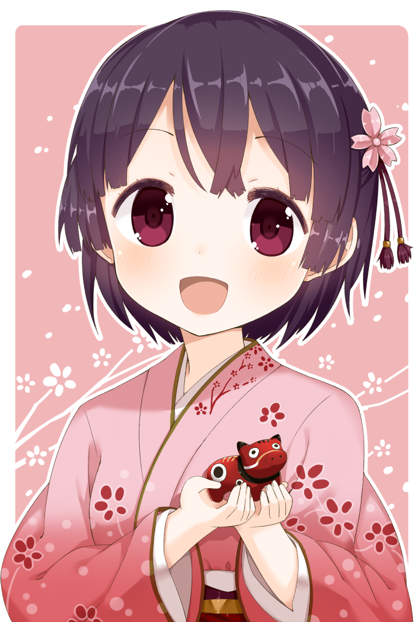 1girl, blush, female_focus, flower, flower_on_head, hair_flower, hair_ornament, highres, japanese_clothes, kimono, looking_at_viewer, muku_(muku-coffee), open_mouth, original, purple_eyes, purple_hair, shiki_(muku), short_hair, smile, solo