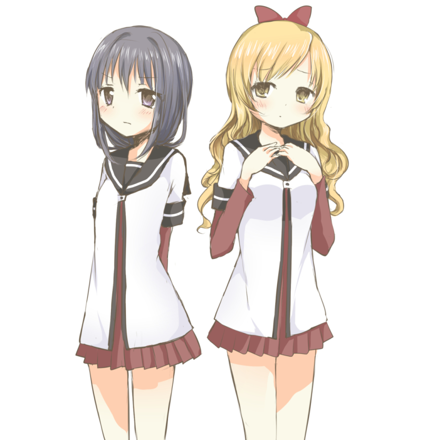 2girls, akemi_homura, arm_behind_back, bad_id, bad_pixiv_id, black_hair, blonde_hair, bow