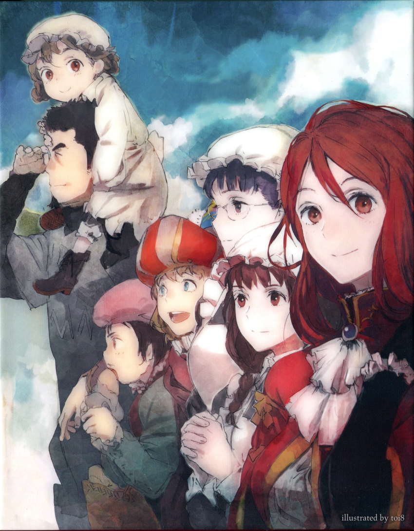 10s, 3boys, 4girls, artist_name, ascot, brooch, character_request, glasses