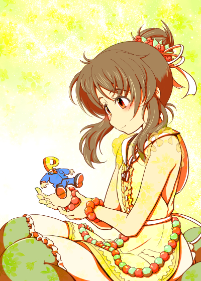 10s, 1girl, bracelet, brown_eyes, brown_hair, dress, green_thighhighs, hair_bun, harisenbon_chop, idolmaster, idolmaster_cinderella_girls, jewelry, long_hair, p-head_producer, producer_(idolmaster), single_hair_bun, sitting, sleeveless, smile, takamori_aiko, thighhighs