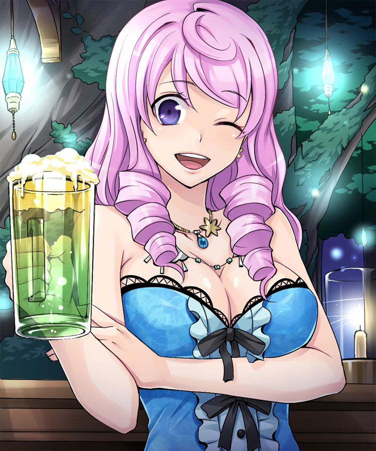 1girl, ;d, bad_id, bad_pixiv_id, beer_mug, breasts, cleavage, cup