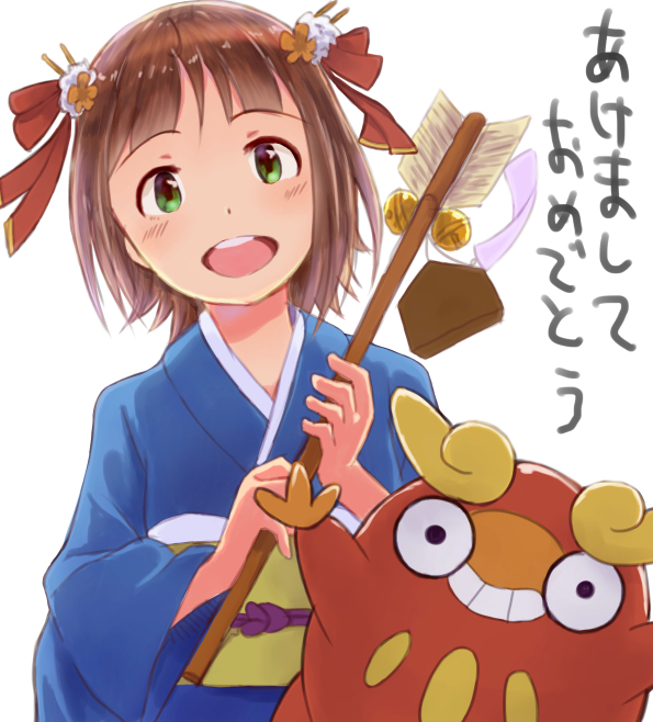 1girl, :d, amami_haruka, bad_id, bad_pixiv_id, bow, brown_hair, darumaka