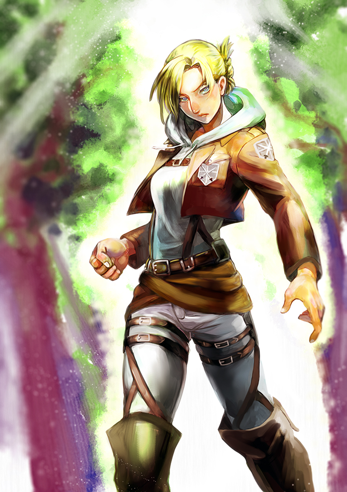 1girl, annie_leonhart, aquiline_nose, belt, blonde_hair, blue_eyes, boots, clenched_hand