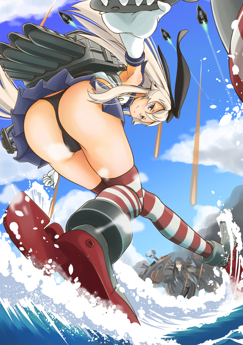 10s, 2girls, abyssal_ship, action, ankle_boots, armpits, ass, battle