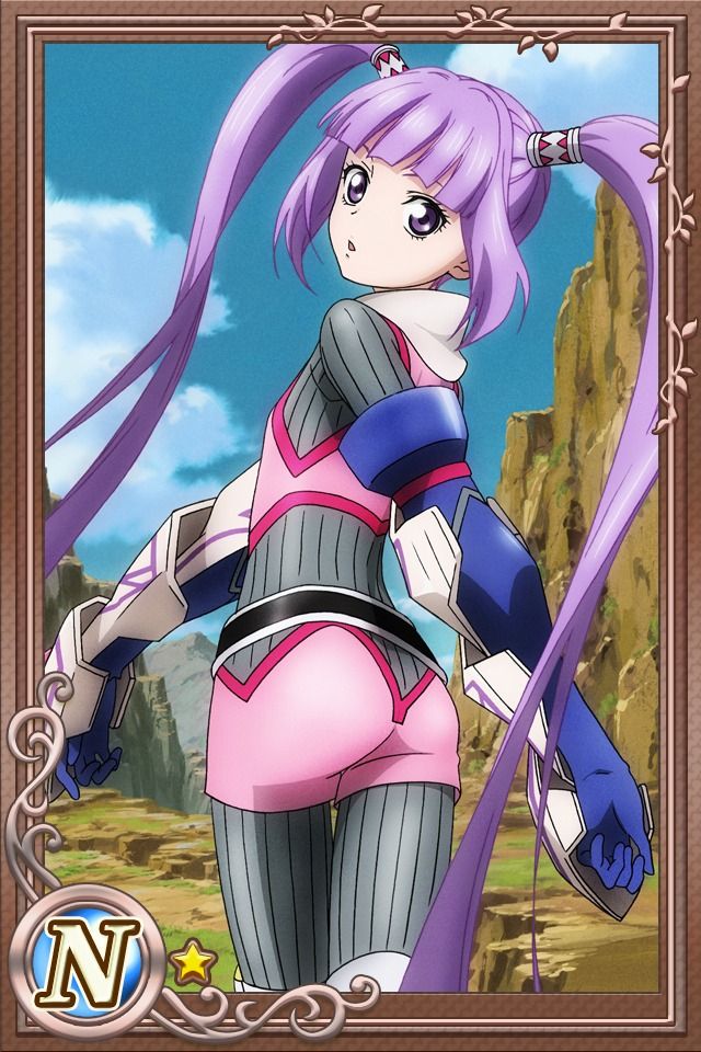 1girl, ass, ass_focus, bodysuit, card, elbow_gloves, female_focus, flat_chest, from_behind, gauntlets, gloves, hair_tubes, long_hair, purple_eyes, purple_hair, solo, sophie_(tales), tales_of_(series), tales_of_card_evolve, tales_of_graces, twintails