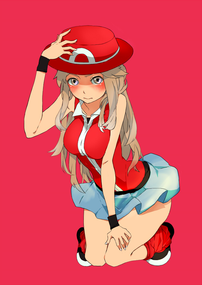 00s, 1girl, bad_id, bad_pixiv_id, blush, breasts, brown_eyes, brown_hair, cosplay, female_focus, full-face_blush, genderswap, genderswap_(mtf), green_(pokemon), hat, large_breasts, leg_warmers, nintendo, pigeon-toed, pokemon, pokemon_firered_and_leafgreen, porkpie_hat, red_(pokemon), red_(pokemon)_(cosplay), red_background, skirt, sleeveless, solo, tribute_(tributism), wrist_cuffs