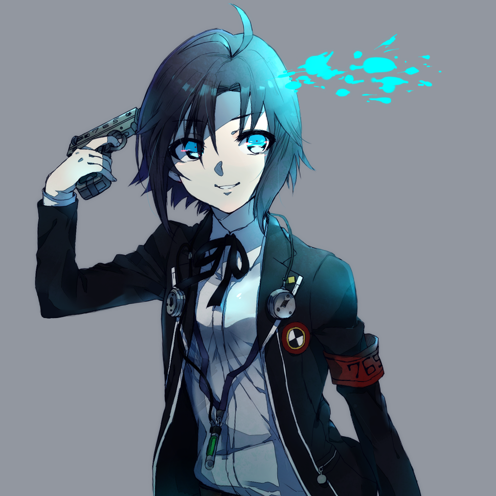 1girl, antenna_hair, armband, bad_id, bad_pixiv_id, black_hair, cosplay, evoker, female_focus, gun, gun_to_head, headphones, holding, holding_gun, holding_weapon, idolmaster, idolmaster_(classic), kikuchi_makoto, name_connection, persona, persona_3, short_hair, smile, solo, weapon, yuuki_makoto_(cosplay), yuuki_makoto_(persona_3), yuurinmoku