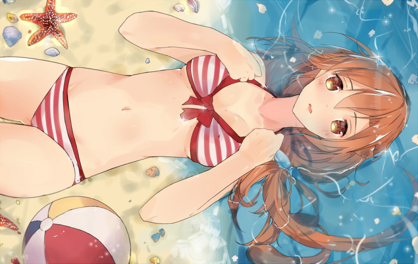 10s, 1girl, asuna_(sao), bad_id, bad_pixiv_id, ball, beach, beachball, bikini, brown_eyes, brown_hair, female_focus, long_hair, lying, partially_submerged, shutun, solo, starfish, striped_bikini, striped_clothes, swimsuit, sword_art_online, youmonii
