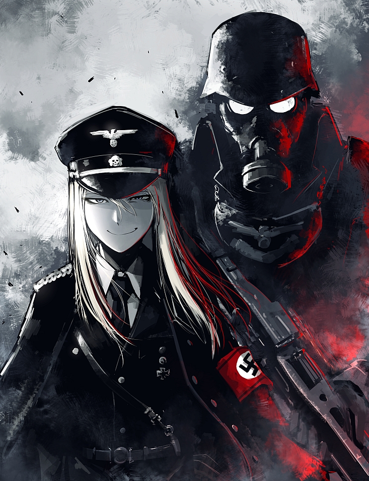 1girl, androgynous, armband, belt, blonde_hair, combat_helmet, cross, gas_mask