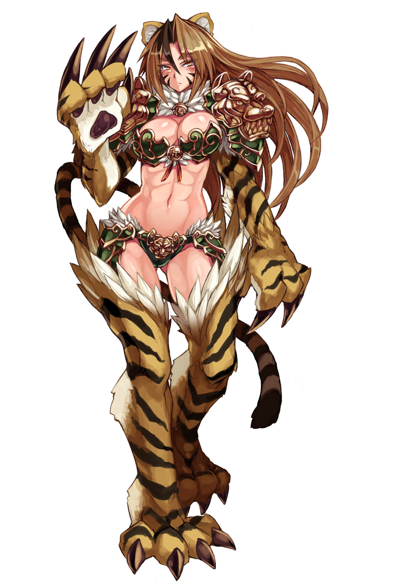 1girl, abs, animal_ear_fluff, animal_ears, animal_hands, armor, bell, bikini, bikini_armor, black_hair, blush, body_blush, breasts, brown_hair, bursting_breasts, claws, cleavage, cleavage_cutout, clothing_cutout, codpiece, facial_mark, faulds, female_focus, floating_hair, full_body, fur, fur_trim, gluteal_fold, hair_between_eyes, highres, jingle_bell, jinko_(monster_girl_encyclopedia), kenkou_cross, large_breasts, long_hair, looking_at_viewer, midriff, monster_girl, monster_girl_encyclopedia, monster_girl_encyclopedia_ii, multicolored_hair, muscular, muscular_female, muscular_legs, navel, official_art, orange_eyes, pauldrons, revealing_clothes, shoulder_armor, simple_background, solo, standing, striped, swimsuit, tail, thick_thighs, thighs, tiger, tiger_ears, tiger_tail, toned, toned_female, toned_stomach, two-tone_hair, very_long_hair, white_background, wide_hips, yellow_eyes