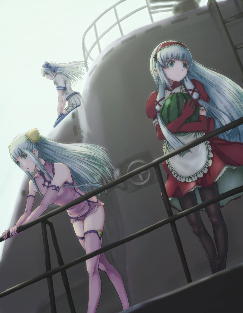 10s, 3girls, aoki_hagane_no_arpeggio, apron, blue_legwear, bun_cover, china_dress, chinese_clothes