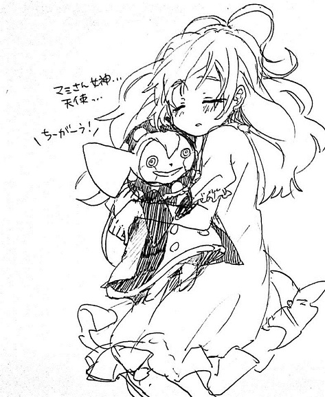 10s, 1girl, bad_id, bad_pixiv_id, charlotte_(madoka_magica), closed_eyes, greyscale, hug