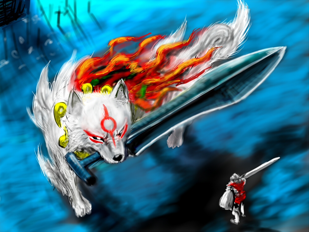 amaterasu_(ookami), chosen_undead, dark_souls_(series), dark_souls_i, fire, great_grey_wolf_sif, magatama, mouth_hold, ogamiya_jin, ookami_(game), parody, sword, tazason, weapon, wolf