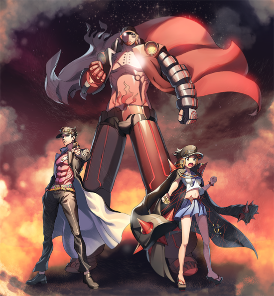 00s, 10s, 1boy, 1girl, banchou, black_hair, crossover, delinquent, dix-neuf, geta, hat, jojo_no_kimyou_na_bouken, jyh, kill_la_kill, kuujou_joutarou, long_coat, mankanshoku_mako, mecha, multiple_crossover, robot, school_uniform, serafuku, stardust_crusaders, top_wo_nerae!_(series), top_wo_nerae_2!