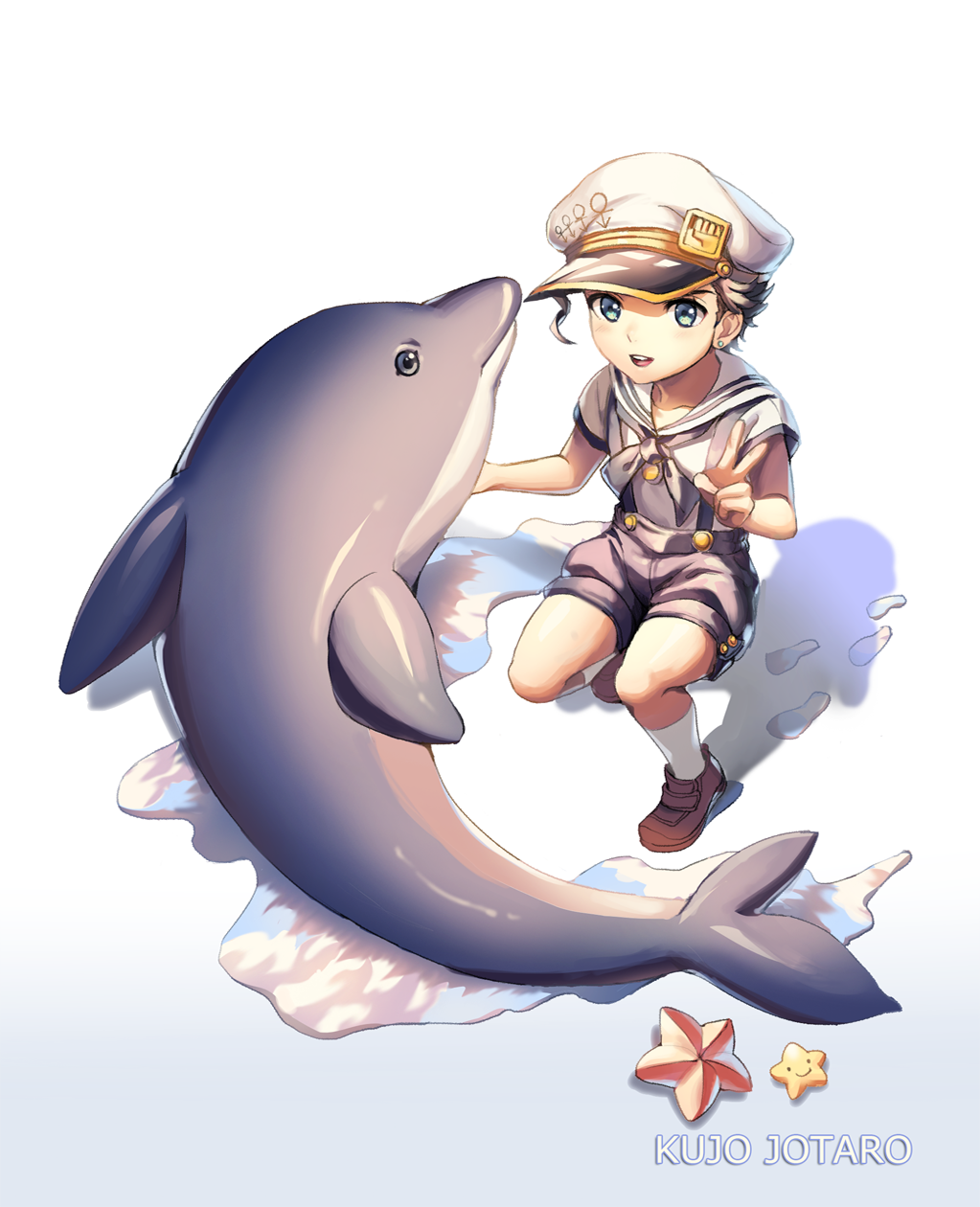 1boy, black_hair, blue_eyes, child, dolphin, green_eyes, hat, highres