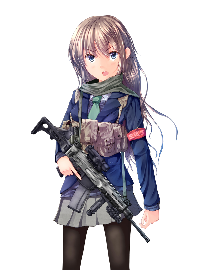 1girl, absurdres, ammunition_pouch, armband, assault_rifle, bad_id, bad_pixiv_id, blazer
