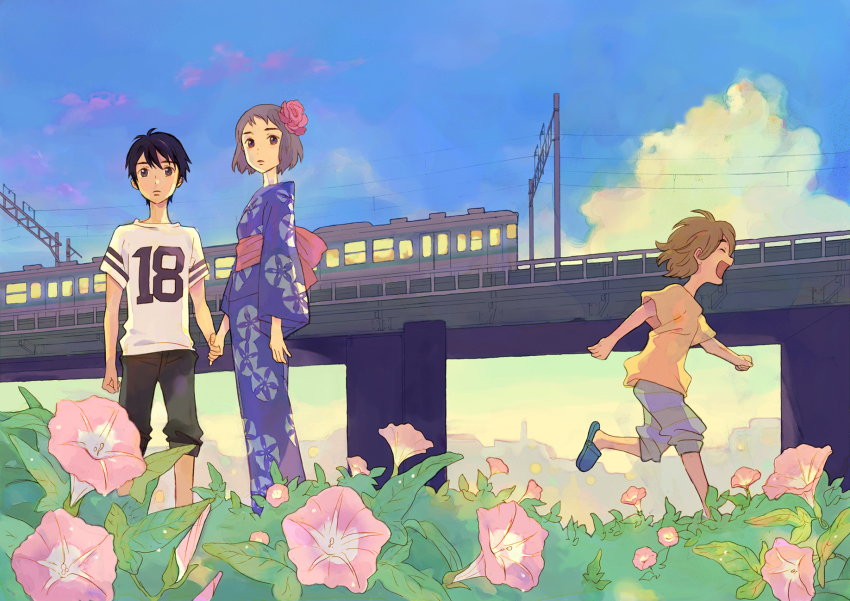 1girl, 2boys, black_hair, bridge, brown_hair, flower, highres, holding_hands, japanese_clothes, kamisama_ga_uso_o_tsuku, kimono, multiple_boys, nanao_natsuru, ozaki_kaori, suzumura_rio, suzumura_yuuta, train, yukata