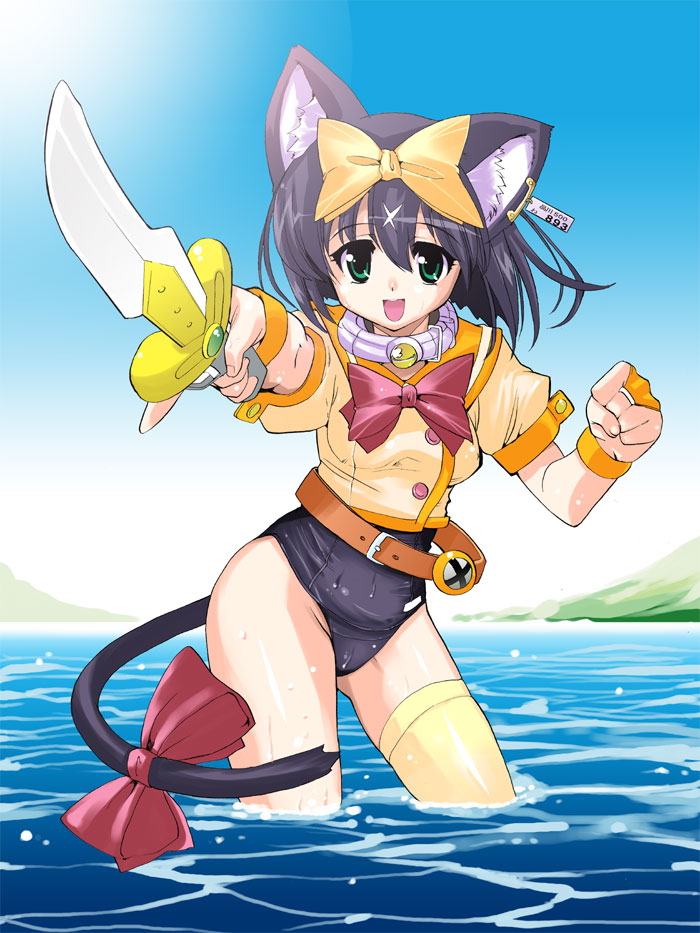 animal_ears, belt, black_hair, blue_hair, bow, cat_ears, cat_tail, collar, gloves, green_eyes, mahou_shoujo_neko_x, one-piece_swimsuit, peke_(to_love-ru), school_swimsuit, short_hair, swimsuit, sword, tail, thighhighs, weapon, wet