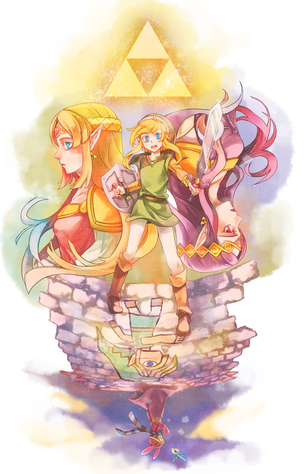 2boys, 2girls, animal_ears, bad_id, blonde_hair, blue_eyes, bracelet, rabbit_ears, earrings, hat, highres, jewelry, link, long_hair, mask, multiple_boys, multiple_girls, nintendo, pointy_ears, princess_hilda, princess_zelda, purple_eyes, purple_hair, ravio, shaingtao, shield, sword, the_legend_of_zelda, the_legend_of_zelda:_a_link_between_worlds, tiara, weapon