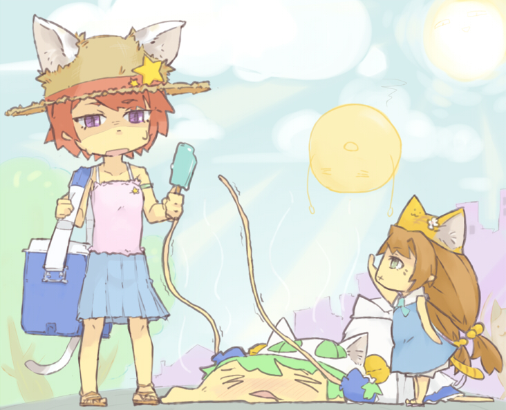 3girls, x_mouth, animal_ears, bag, bare_shoulders, blue_skirt, blue_sky, blush