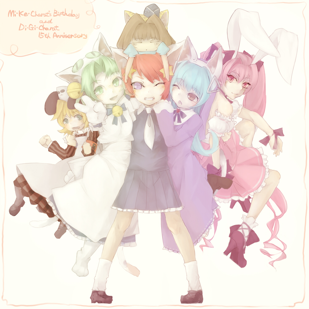 6+girls, animal_ears, armband, bare_shoulders, birthday, blonde_hair, blue_hair, brown_eyes