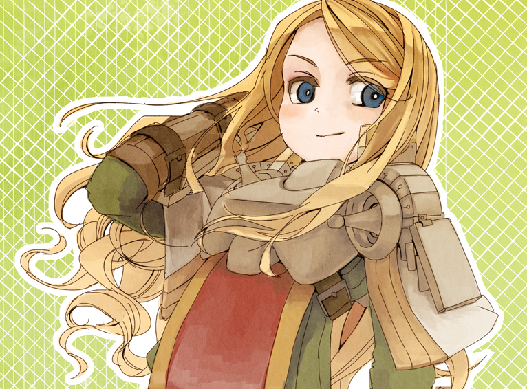 1girl, adjusting_hair, armor, belt, blonde_hair, blue_eyes, breastplate, buckle