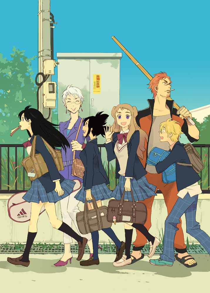 2boys, 4girls, ayla_ulfan, bag, black_hair, blonde_hair, brown_hair, dora_folk
