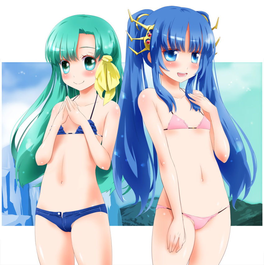 2girls, bad_id, bad_pixiv_id, bikini, blue_eyes, blue_hair, dina_(eiyuu_densetsu), dragon_slayer_(falcom), dragon_slayer_eiyuu_densetsu, dragon_slayer_eiyuu_densetsu_ii, eiyuu_densetsu, flat_chest, flora_(eiyuu_densetsu), green_eyes, green_hair, hair_bun, highres, long_hair, multiple_girls, noto_(soranoto), single_hair_bun, swimsuit, twintails