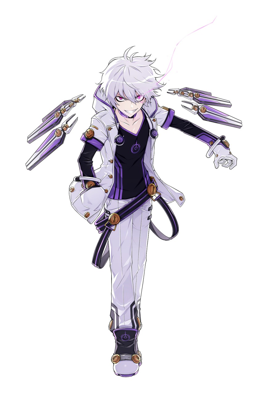 1boy, add_(elsword), belt, elsword, full_body, gloves, glowing, glowing_eye, grin, hand_in_pocket, highres, hwansang, jacket, male_focus, official_art, pants, purple_eyes, shirt, shoes, smile, solo, tracer_(elsword), white_background, white_hair