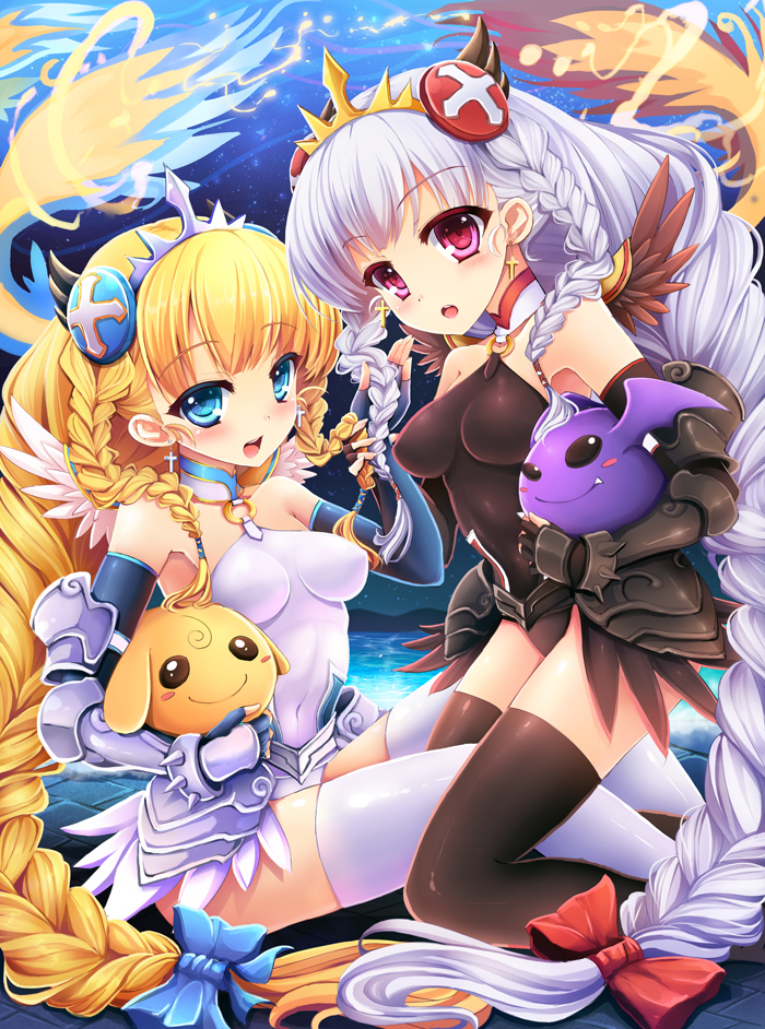 2girls, alternate_color, armor, baddie_(p&amp;d), bare_shoulders, black_valkyrie_(p&amp;d), blonde_hair, blue_eyes, blue_valkyrie_(p&amp;d), blush, bow, braid, breasts, cross, cross_earrings, dark_valkyrie_(p&amp;d), earrings, elbow_gloves, gloves, goushou, hair_ornament, jewelry, long_hair, looking_at_viewer, medium_breasts, multiple_girls, open_mouth, puzzle_&amp;_dragons, red_eyes, shynee_(p&amp;d), silver_hair, smile, thighhighs, valkyrie_(p&amp;d), very_long_hair, water_valkyrie_(p&amp;d), wings