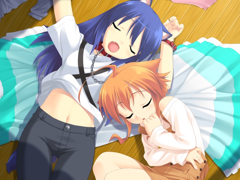 2girls, ahoge, animal_ears, belt, blue_hair, chain, collar, dog_ears, fang, flat_chest, game_cg, kotarou_(wanko), long_hair, mikan_(wanko), multiple_girls, red_hair, short_hair, sleeping, wanko_to_kurasou