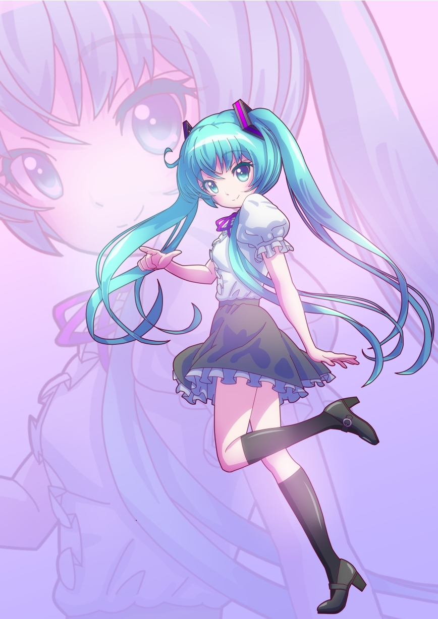 1girl, aqua_eyes, aqua_hair, female_focus, hatsune_miku, high_heels, highres, kneehighs