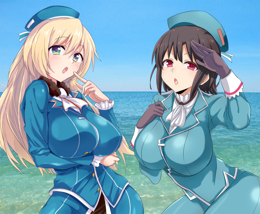 10s, 2girls, atago_(kancolle), bad_id, bad_pixiv_id, black_gloves, black_hair, blonde_hair