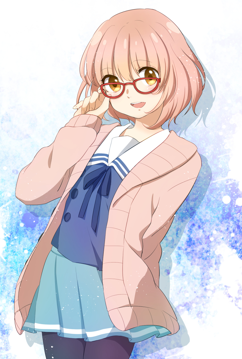 10s, 1girl, bad_id, bad_pixiv_id, cardigan, glasses, highres, kuriyama_mirai, kyoukai_no_kanata, pantyhose, pink_hair, red-framed_eyewear, sayuringo, school_uniform, serafuku, short_hair, yellow_eyes