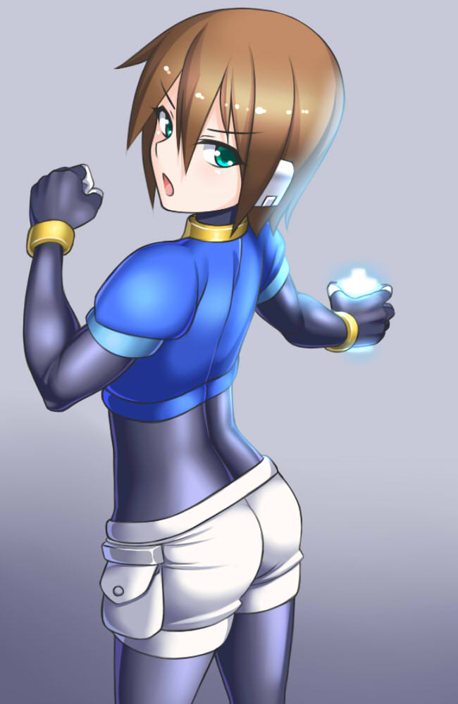 1girl, aile_(mega_man_zx), ass, bodysuit, brown_hair, female_focus, from_behind, gloves