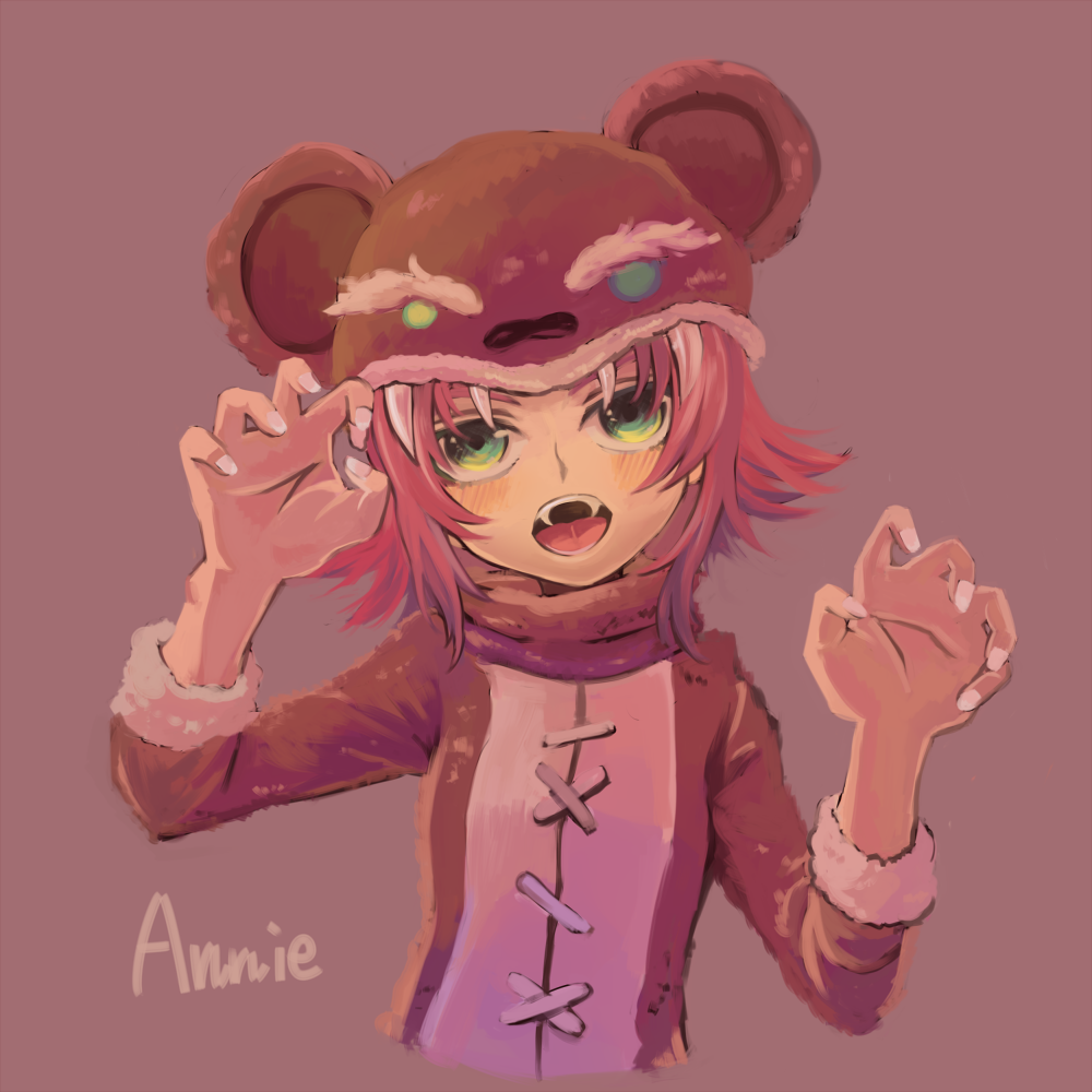 1girl, animal_costume, annie_(league_of_legends), bear_costume, child, fangs, female_focus, green_eyes, league_of_legends, red_hair, shimatta, solo