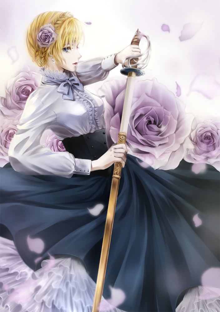 1girl, ada_(unlight), black_skirt, blonde_hair, blouse, blue_eyes, bow, bowtie, braid, collared_shirt, drawing_sword, dress, dress_shirt, earrings, elegy, female_focus, floral_background, flower, flower_on_head, french_braid, frilled_dress, frilled_shirt, frilled_skirt, frills, hair_flower, hair_ornament, high_collar, holding, holding_sword, holding_weapon, jewelry, long_skirt, looking_at_viewer, petals, pink_background, purple_flower, purple_rose, rapier, rokujou_(sakakixsakaki), rose, sakai_cats, sheath, shirt, short_hair, skirt, solo, sword, sword_hilt, unlight, unsheathing, weapon, white_dress