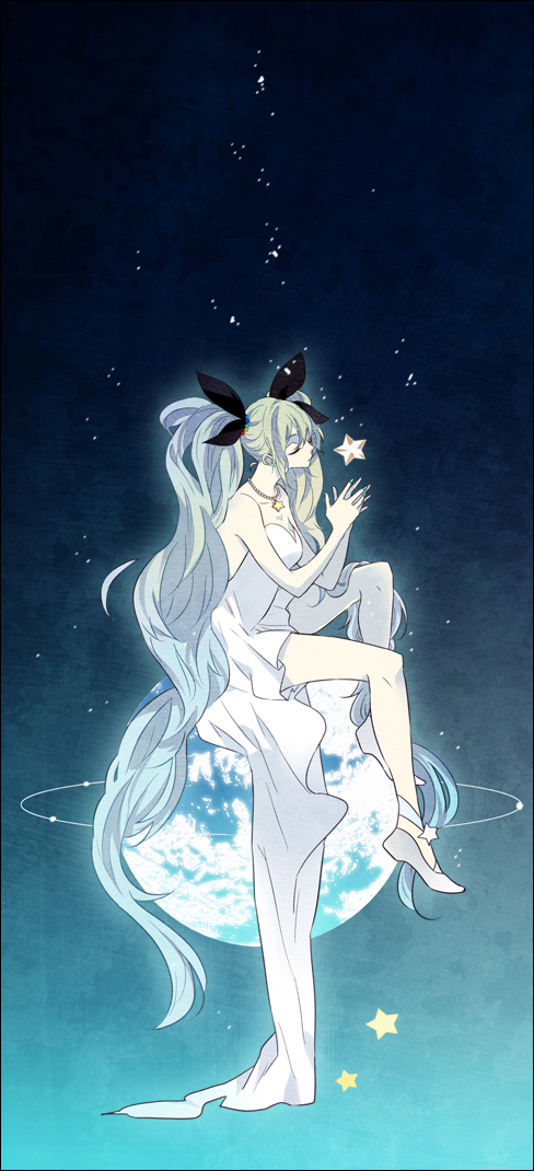 1girl, amane_mio, closed_eyes, female_focus, green_hair, hatsune_miku, jewelry, long_hair