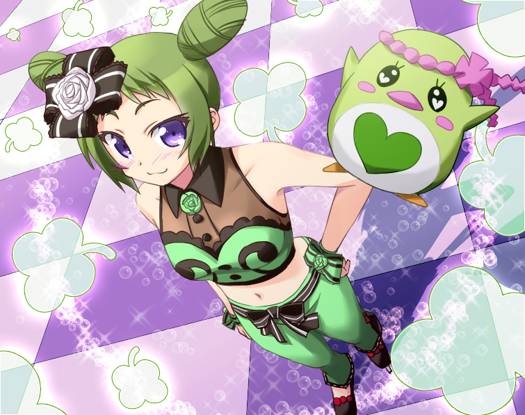 1girl, :3, bird, blush, checkered_floor, cone_hair_bun, double_bun, dutch_angle, ethini_(pretty_rhythm), female_focus, floor, flower, green_hair, hair_bun, hair_flower, hair_ornament, hair_ribbon, hand_on_own_hip, midriff, morizono_wakana, navel, nekono_matatabi, pants, penguin, pretty_rhythm, pretty_rhythm_rainbow_live, pretty_series, purple_eyes, ribbon, short_hair, sleeveless, solo, wrist_cuffs