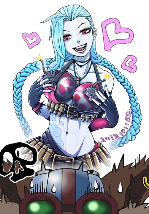 1girl, aqua_hair, bikini, bikini_top_only, bomb, braid, collar, explosive, hairline, jinx_(league_of_legends), jpeg_artifacts, league_of_legends, open_mouth, pink_eyes, riot_games, sd1988122, smile, swimsuit, twin_braids, ziggs