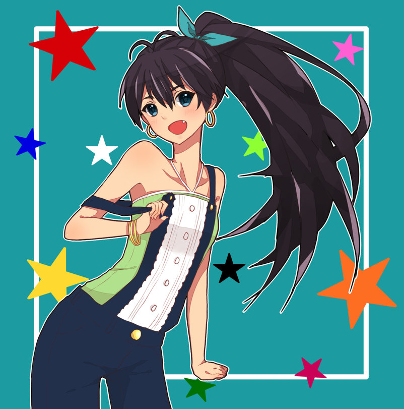 black_hair, blue_eyes, bracelet, earrings, fang, ganaha_hibiki, idolmaster, idolmaster_(classic)
