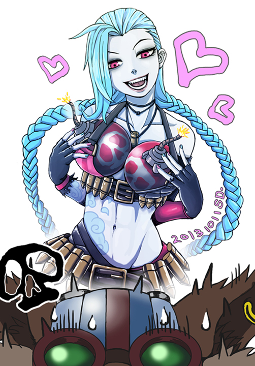 1girl, aqua_hair, bikini, bikini_top_only, bomb, braid, collar, explosive, hairline, jinx_(league_of_legends), league_of_legends, open_mouth, pink_eyes, riot_games, sd1988122, smile, swimsuit, twin_braids, ziggs