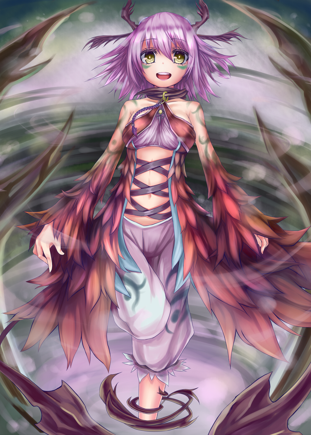 1girl, antennae, arthropod_girl, bad_id, bad_pixiv_id, breasts, duel_monster, female_focus, highres, looking_at_viewer, midriff, mizuya_nao, monster_girl, purple_hair, shueisha, solo, traptrix_myrmeleo, trion_the_fascinating_fiend, yellow_eyes, yu-gi-oh!