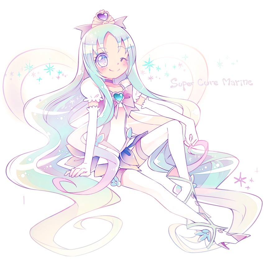 10s, 1girl, blue_eyes, blue_hair, boots, brooch, cure_marine, cure_marine_(super_silhouette)