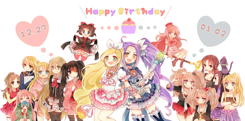 00s, 10s, 6+girls, animal, annotated, bad_id, bad_pixiv_id, bare_shoulders, benesse, black_hair, black_lagoon, black_legwear, blazer, blonde_hair, blue_eyes, blue_skirt, boots, brown_hair, cat, choker, cigarette, cure_beat, cure_rhythm, danganronpa:_trigger_happy_havoc, danganronpa_(series), dated, dress, dual_persona, earrings, english_text, enoshima_junko, eyelashes, eyepatch, frills, fullmetal_alchemist, gintama, green_eyes, guitar, hair_ornament, hair_ribbon, happy, happy_birthday, hatena_yousei, heart, highres, ikusaba_mukuro, instrument, jacket, japanese_clothes, jewelry, jumping, kotono_(pixiv2943202), kurokawa_eren, kuroko_no_basuke, kuromajo-san_ga_tooru!!, kurotori_chiyoko, long_hair, looking_at_viewer, magical_girl, minamino_kanade, momoi_satsuki, multiple_girls, multiple_persona, necktie, open_mouth, orikasa_fumiko, pacifica_casull, ponytail, precure, puffy_sleeves, purple_hair, revy_(black_lagoon), ribbon, riza_hawkeye, school_uniform, scrapped_princess, seiren_(precure), shirt, short_hair, siblings, side_ponytail, skirt, sleeves_rolled_up, smile, smoking, spoilers, starry_sky_(game), suite_precure, thigh_boots, thighhighs, toyoguchi_megumi, twins, twintails, two-tone_necktie, voice_actor_connection, white_background, white_choker, white_dress, winry_rockbell, wrist_cuffs, yagyuu_kyuubei, yahisa_tsukiko, yellow_eyes, zettai_ryouiki