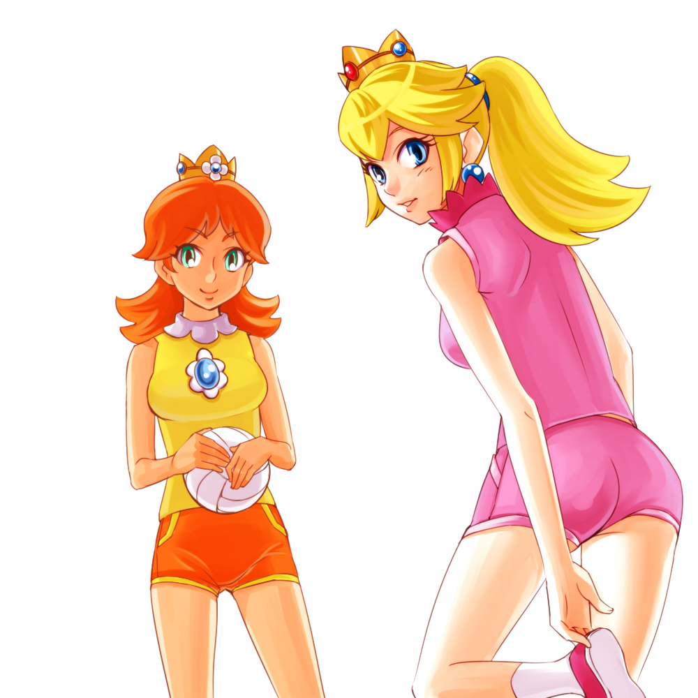 2girls, ball, blonde_hair, blue_eyes, brown_hair, green_eyes, holding, holding_ball, mario_(series), mario_sports_mix, multiple_girls, nintendo, orange_hair, ponytail, princess_daisy, princess_daisy_(sports_shorts), princess_peach, princess_peach_(sports_dress), princess_peach_(sports_shorts), short_hair, smile, totoo, volleyball_(object)