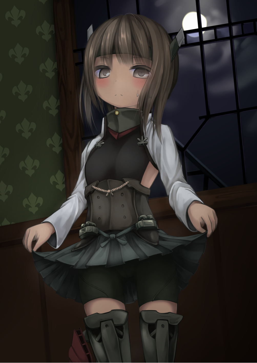 10s, 1girl, bad_id, bad_pixiv_id, bike_shorts, blush, brown_eyes, brown_hair, clothes_lift, female_focus, flat_chest, headband, headgear, highres, kantai_collection, looking_at_viewer, lv21, personification, pleated_skirt, short_hair, skirt, skirt_lift, solo, sweatdrop, taihou_(kancolle), thighhighs