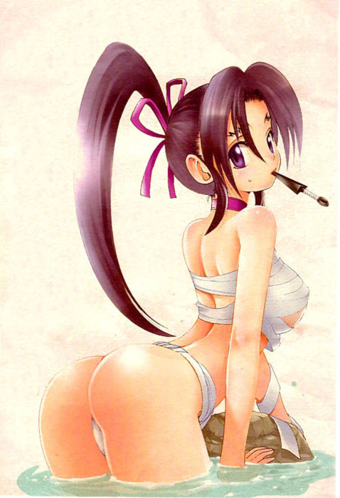 10s, ass, black_hair, choker, fundoshi, japanese_clothes, kousaka_shigure, kunai, legs, matsuena_shun, official_art, ponytail, sarashi, shijou_saikyou_no_deshi_ken'ichi, weapon